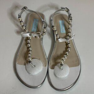 Betsey Johnson Poppi Flat Sandal Blue Soles Silver White Pearls Stones Size 8.5